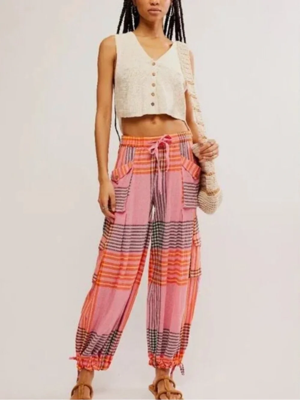 Free People Crafted Plaid Cargo Pants Pink Combo Womens Small NEW Cotton